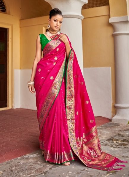Deep Pink Silk Weaving Festive-Wear Handloom Saree