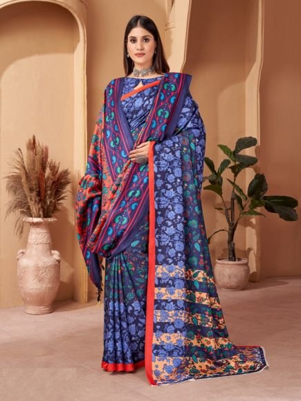 Blue Pashmina Printed Winter-Wear Saree With Shawl