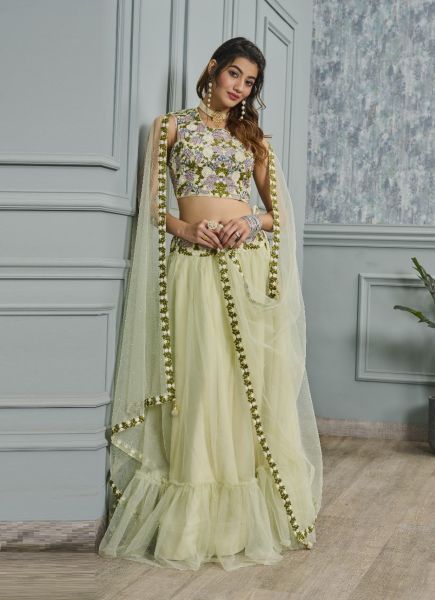 Light Pista Green Net Handwork Wedding-Wear Readymade Crop-Top Lehenga Choli