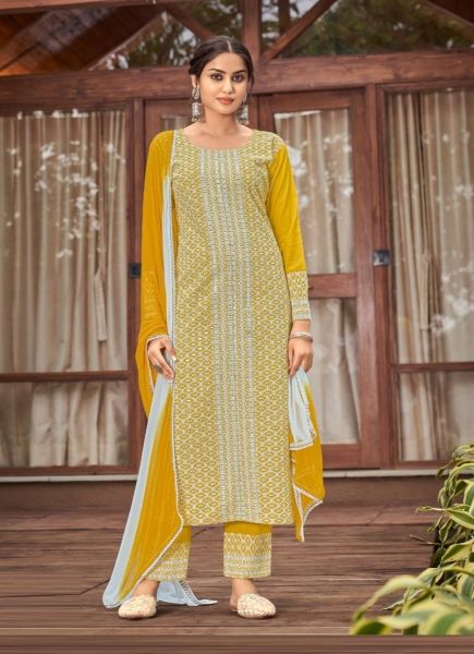 Yellow Rayon Embroidery, Sequins & Schiffli-Work Festive-Wear Pant-Bottom Readymade Salwar Kameez