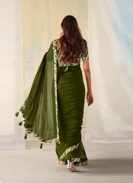 Olive Green Georgette Weaving Party-Wear Fashionable Saree