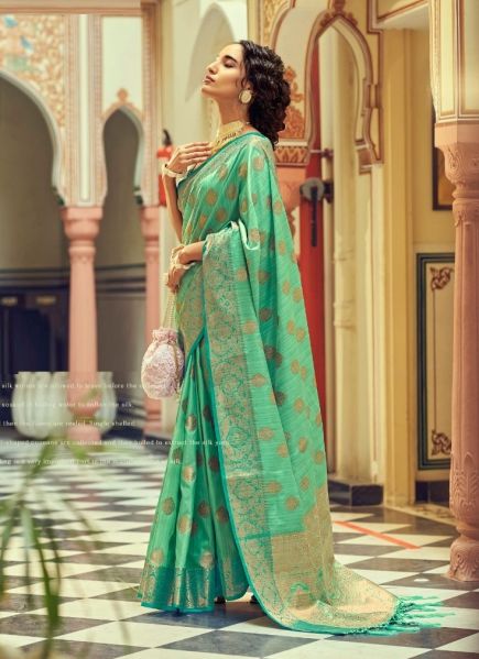 Mint Green Tusser Weaving Festive-Wear Silk Saree