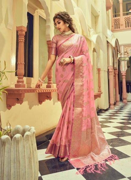 Pink Tusser Weaving Festive-Wear Silk Saree