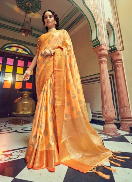 Orange Tusser Weaving Festive-Wear Silk Saree