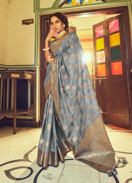 Gray Tusser Weaving Festive-Wear Silk Saree