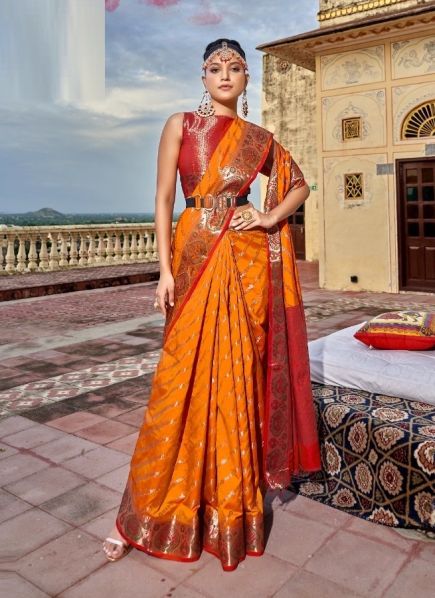 Orange Silk Weaving Festive-Wear Handloom Saree