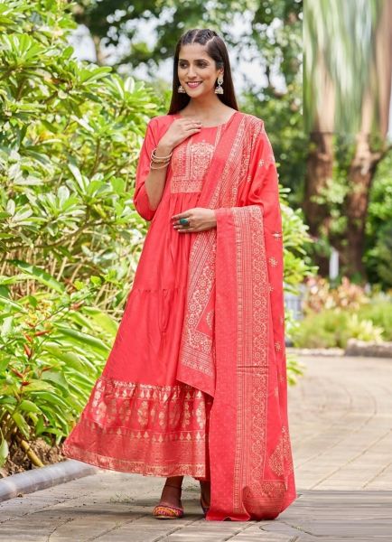 Coral Red Rayon With Foil-Print Festive-Wear Readymade Kurti With Dupatta