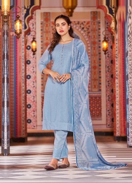 Light Steel Blue Silk Thread-Work Festive-Wear Pant-Bottom Readymade Salwar Kameez