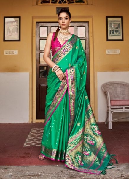 Dark Mint Green Silk Weaving Festive-Wear Handloom Saree