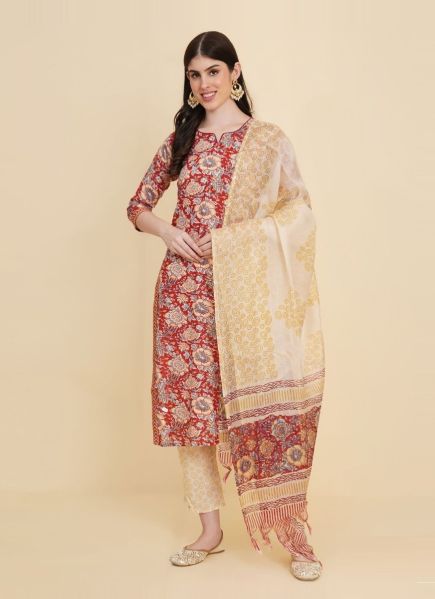 Red Cotton Printed Summer-Wear Trending Readymade Salwar Kameez