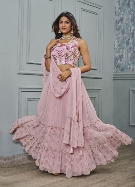 Light Pink Georgette Handwork Wedding-Wear Readymade Crop-Top Lehenga Choli