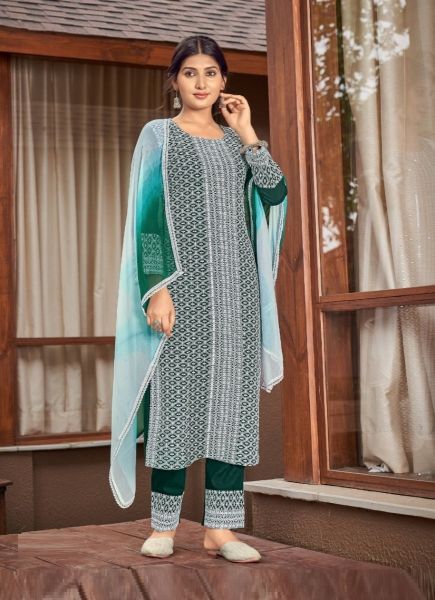 Dark Green Rayon Embroidery, Sequins & Schiffli-Work Festive-Wear Pant-Bottom Readymade Salwar Kameez