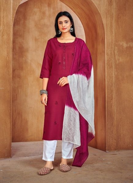 Wine Red Cotton With Embroidery & Sequins Work Office-Wear Pant-Bottom Readymade Salwar Kameez
