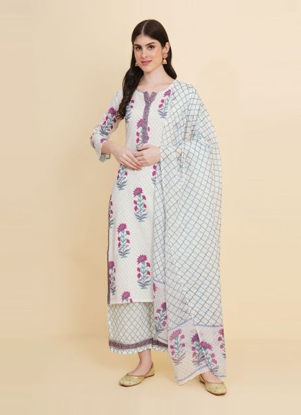 White Cotton Printed Summer-Wear Trending Readymade Salwar Kameez