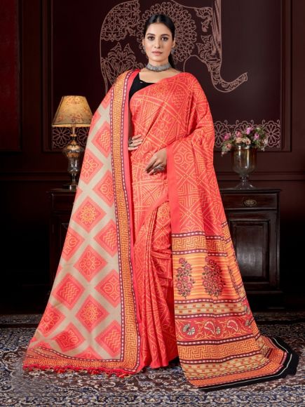 Coral Red Pashmina Printed Winter-Wear Saree With Shawl