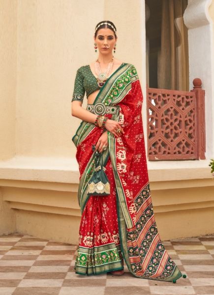 Red & Green Printed Festive-Wear Patola Silk Saree