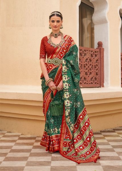 Green & Red Printed Festive-Wear Patola Silk Saree