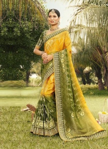 Yellow & Olive Green Weaving & Gota-Patti Work Wedding-Wear Silk Embroidery Saree