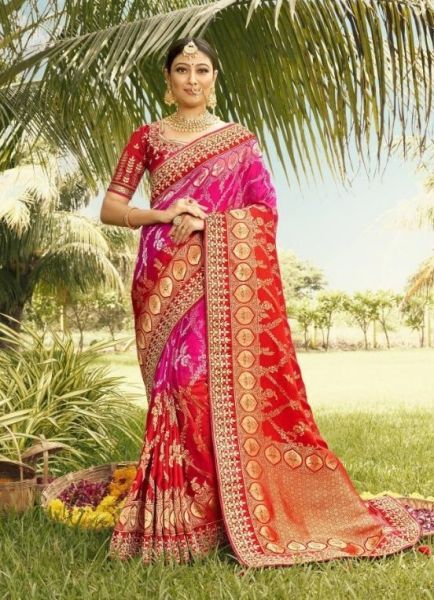 Deep Pink & Red Weaving & Gota-Patti Work Wedding-Wear Silk Embroidery Saree