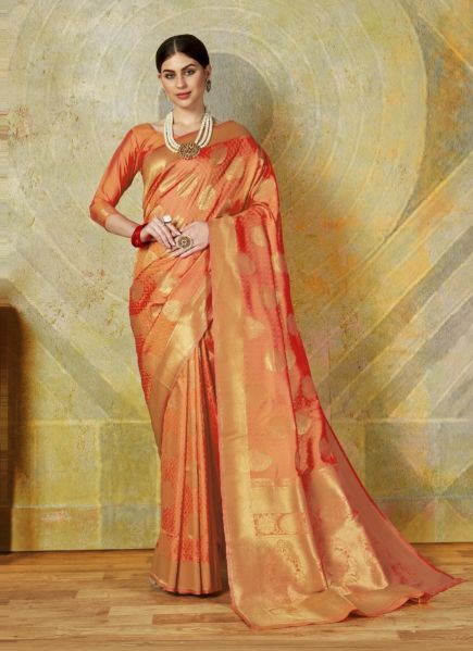Coral Handloom Woven Silk Saree For Traditional / Religious Occasions
