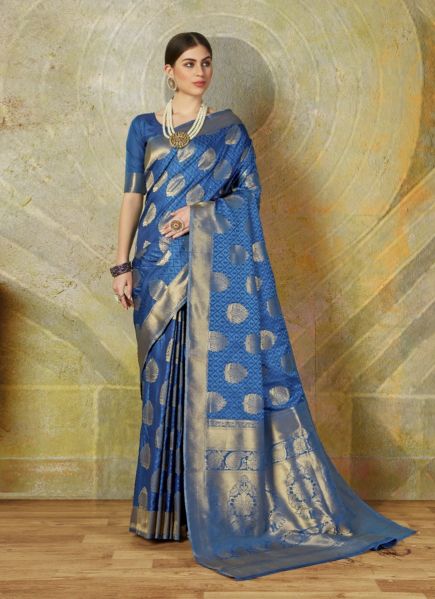Royal Blue Handloom Woven Silk Saree For Traditional / Religious Occasions
