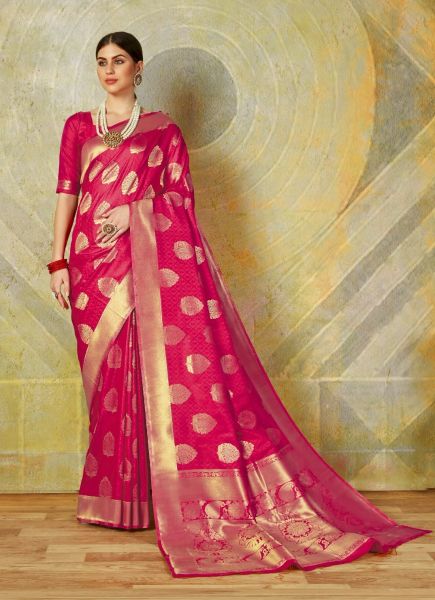 Dark Pink Handloom Woven Silk Saree For Traditional / Religious Occasions