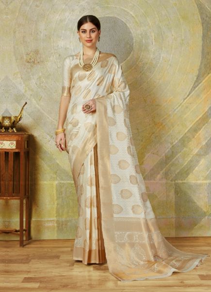 White Handloom Woven Silk Saree For Traditional / Religious Occasions