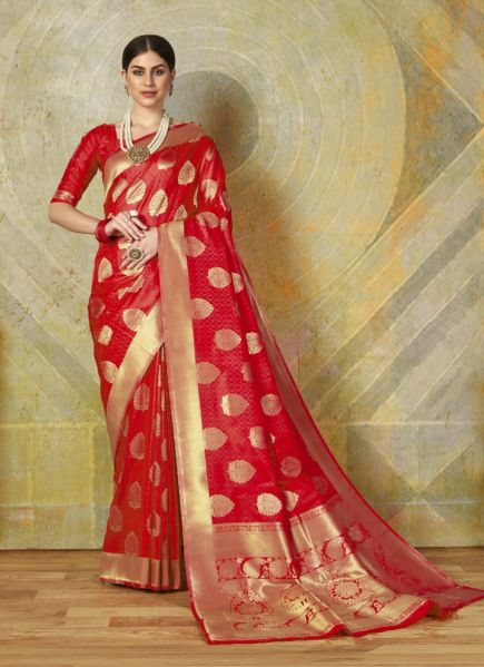 Red Handloom Woven Silk Saree For Traditional / Religious Occasions