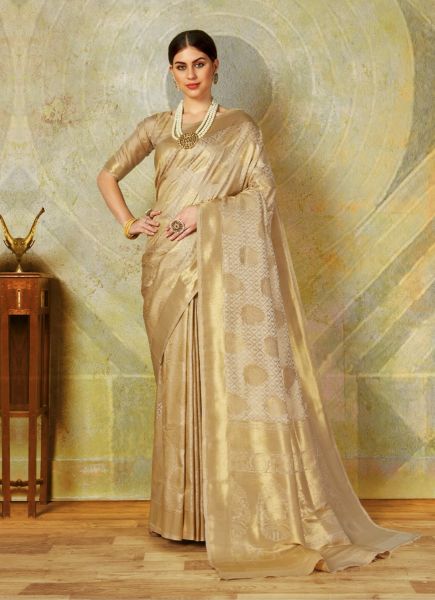 Beige Handloom Woven Silk Saree For Traditional / Religious Occasions