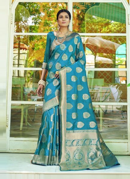 Sky Blue Handloom Woven Silk Saree For Traditional / Religious Occasions