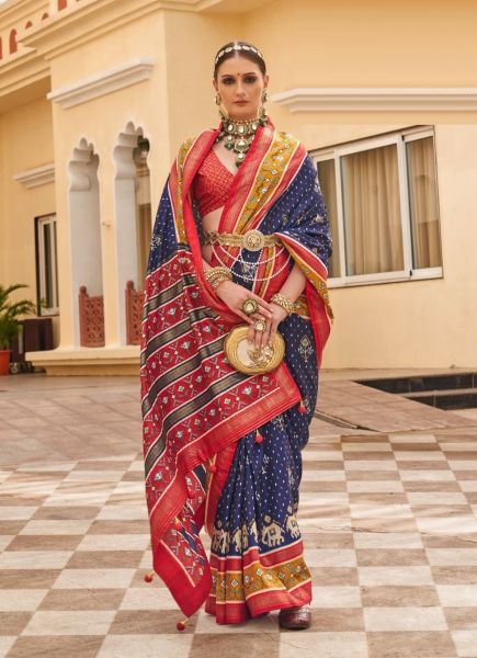 Blue & Red Printed Festive-Wear Patola Silk Saree