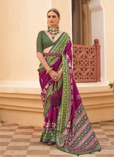Purple & Green Printed Festive-Wear Patola Silk Saree