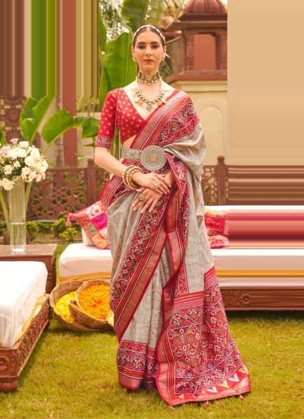 Beige & Red Patola Silk Printed Saree For Traditional / Religious Occasions