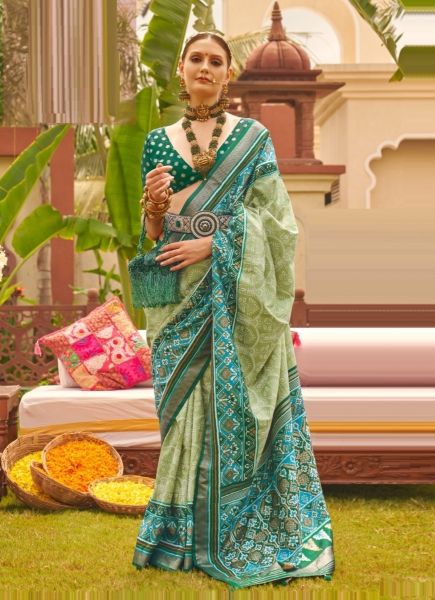 Pista Green & Teal Blue Patola Silk Printed Saree For Traditional / Religious Occasions