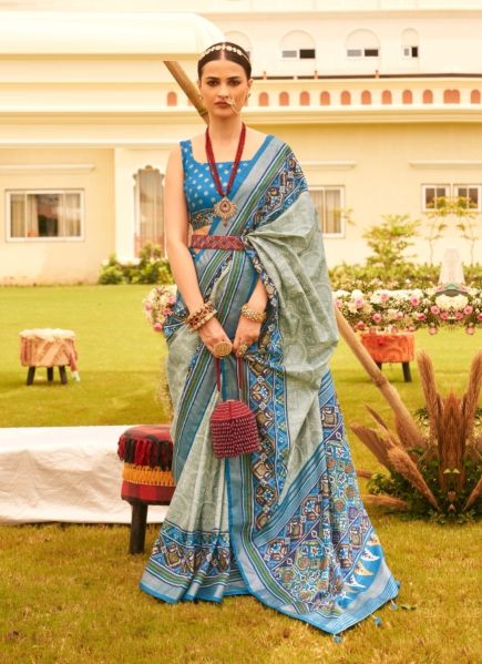 Sage Green & Sky Blue Patola Silk Printed Saree For Traditional / Religious Occasions