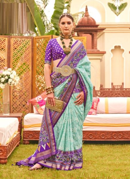 Light Aqua & Violet Patola Silk Printed Saree For Traditional / Religious Occasions
