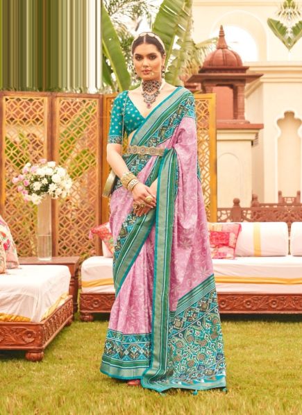 Pink & Aqua Green Patola Silk Printed Saree For Traditional / Religious Occasions