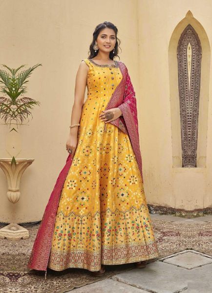 Yellow Jacquard Silk Weaving Party-Wear Readymade Gown With Dupatta