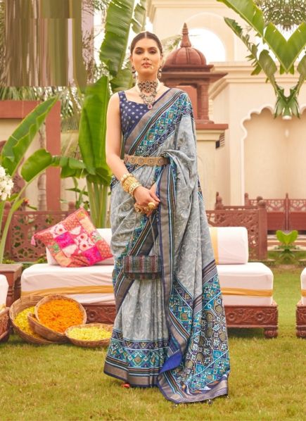 Gray & Blue Patola Silk Printed Saree For Traditional / Religious Occasions