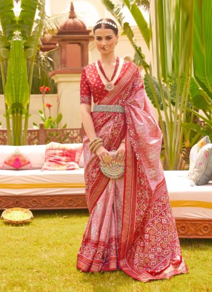 Pink & Red Patola Silk Printed Saree For Traditional / Religious Occasions