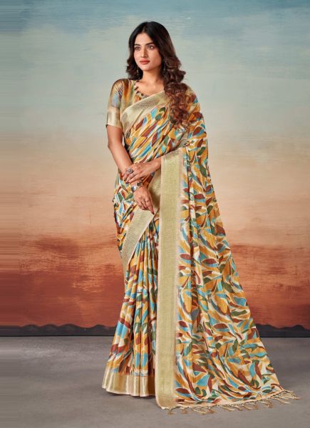 Multicolor Dola Silk Digitally Printed Festive-Wear Saree With Tassels