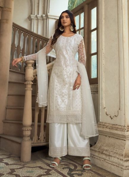 White Net Embroidered Party-Wear Pant-Bottom Salwar Kameez