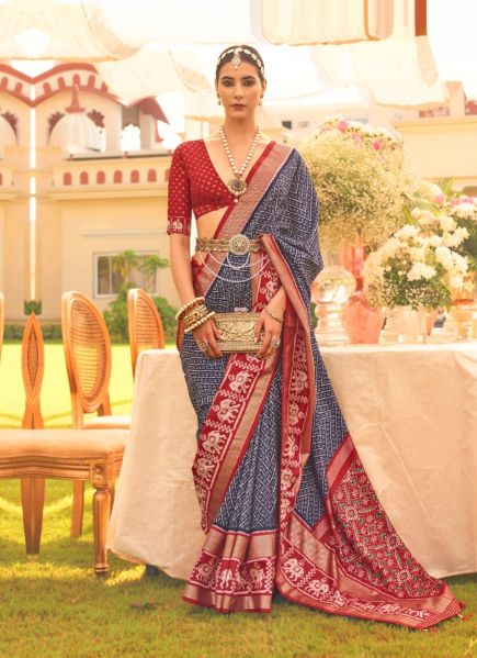 Navy Blue & Red Patola Silk Printed Saree For Traditional / Religious Occasions