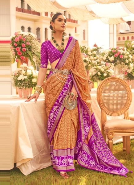 Orange & Violet Patola Silk Printed Saree For Traditional / Religious Occasions