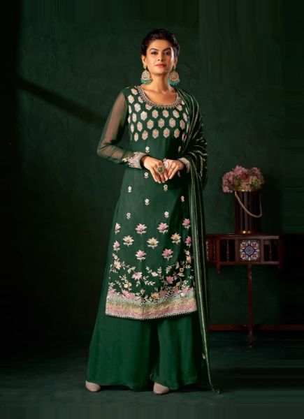 Green Pure Viscose Bemberg Georgette Thread-Work Party-Wear Straight-Cut Salwar Kameez