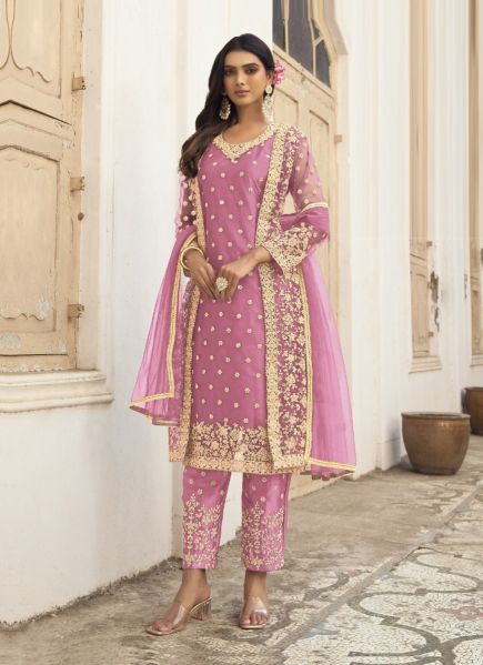 Pink Butterfly Net Embroidered Festive-Wear Pant-Bottom Salwar Kameez