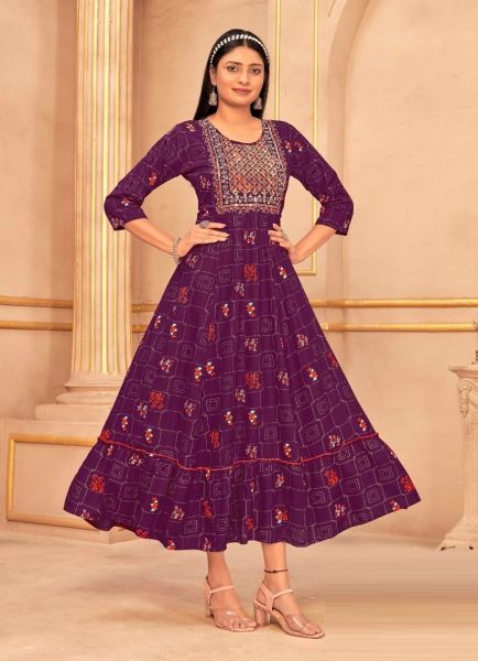 Purple Rayon With Embroidery & Thread-Work Festive-Wear Anarkali Readymade Kurti