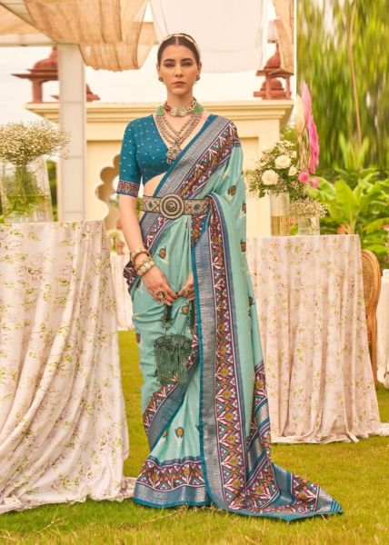 Light Blue Printed Patola Silk Saree For Traditional / Religious Occasions