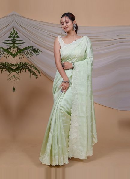 Light Mint Green Viscose Silk Thread-Work Party-Wear Boutique-Style Saree