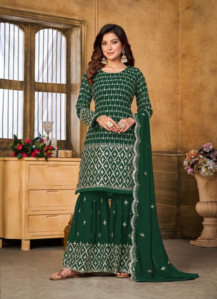 Green Georgette Embroidered Party-Wear Gharara-Bottom Salwar Kameez